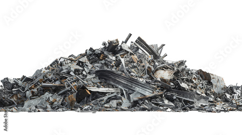 A large pile of mixed scrap metal and debris, consisting of various twisted and broken metal pieces, piled against a plain white background.