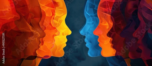 Silhouettes of colored faces symbolizing bipolar disorder with split personality and psychological conditions like Parkinson s showcasing a mental health concept with copy space image