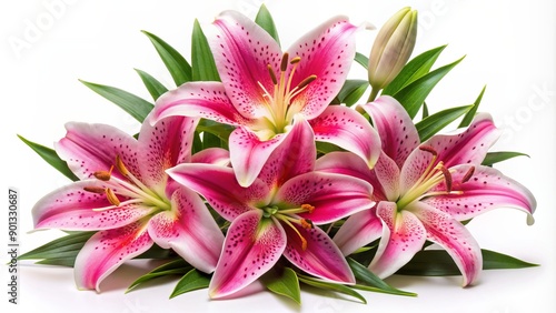 Delicate fresh cut pink oriental stargazer lily flowers in various stages of bloom, surrounded by lush green leaves, isolated on a clean white background.