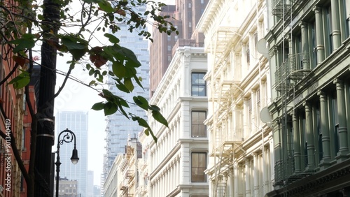 New York City Manhattan Soho fashion district near Broadway street. USA urban building facade, old american architecture. Shopping in NYC, United States. Business and residential real estate. Lantern