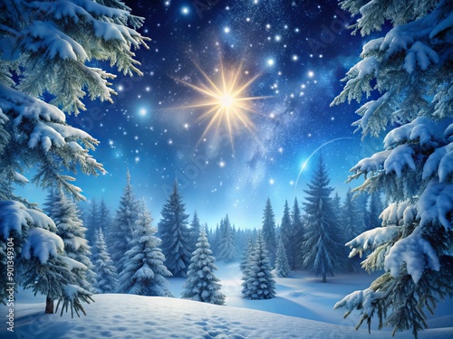 Snowflakes gently fall on a serene winter night landscape, casting a peaceful silence over a frosty forest, with snow-laden fir branches stretching towards the stars.