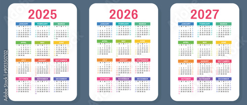 2025, 2026 and 2027 calendar set. Vector pocket calender design. Week starts on Sunday. January, February, March, April, May, June, July, August, September, October, November, December