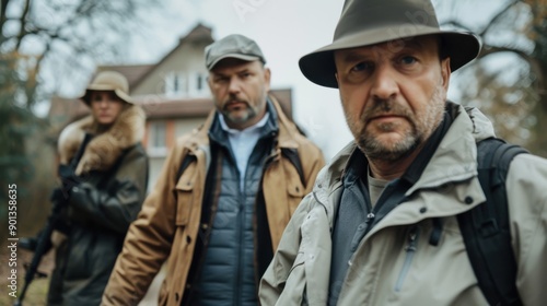 Three serious-looking men stand outdoors in a rural setting, dressed warmly, possibly engaged in a task or mission, with focus and determination evident in their expressions.