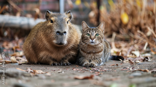 Capybara and cat, sitting together in perfect harmony. The photo highlights their companionship