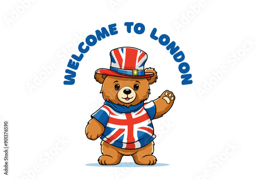 Vector cute cartoon kind plush bear Teddy waving paw, in shirt and hat with UK flag. Hello. Inscription, Welcome to London. White isolated background.