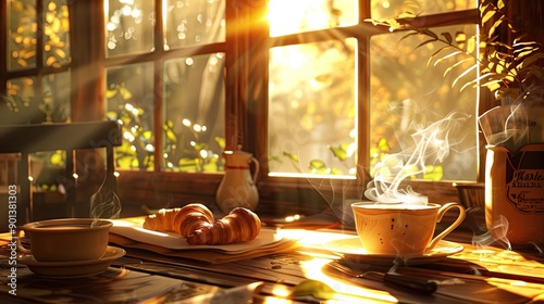 cozy breakfast nook bathed in morning sunlight, where steam rises from a freshly poured cup of hot coffee and a buttery croissant awaits.