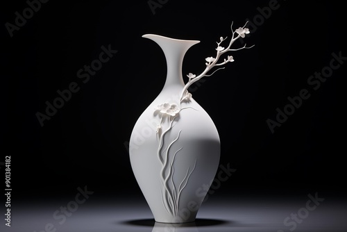 Sophisticated white vase featuring an embossed floral pattern, isolated on a dark backdrop