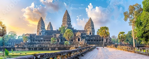 Ancient ruins of Angkor Wat at dawn, Cultural heritage travel sites, Mystical history