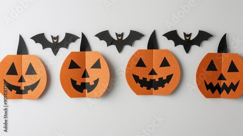 Paper Halloween decorations featuring four smiling orange pumpkins and black bats arranged in a row against a white background.