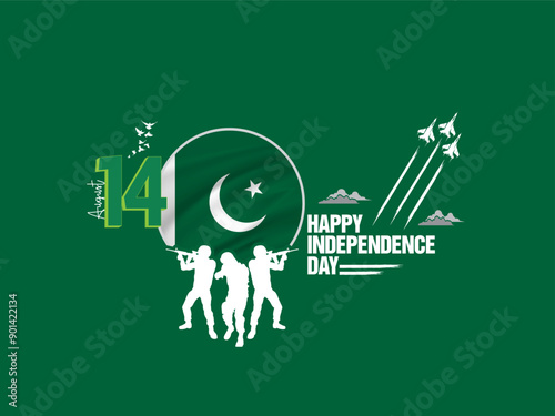 Pakistan Independence Day Creative Design concept 14 August 1947 Pakistani people and Army celebrating the 76th Independence Day of Pakistan, Vector illustration of National Day, Quaid e Azam republic