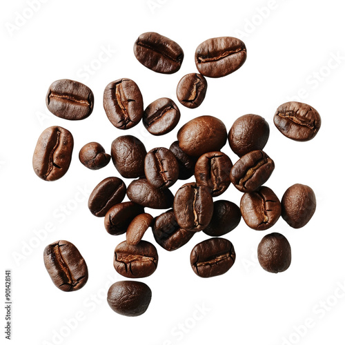 Close-up of roasted coffee beans isolated on a white background, showcasing rich brown color and texture for beverage and culinary applications.