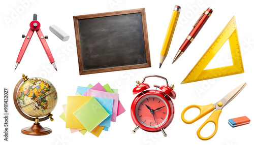 Back to School PNG Set. Collection with school elements isolated on white transparent background, png clipart. School stationery - alarm clocks, word globe and school board