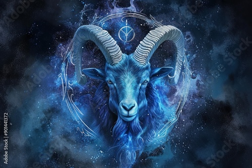 Mystical digital art of the capricorn zodiac sign with a goat against a starry galaxy background