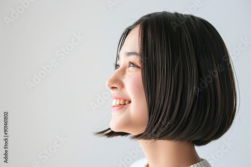 黒髪ボブの綺麗な日本人女性の横顔の写真（ヘアケア・ボブヘア・短髪・背景なし）