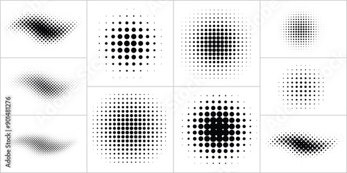 Set of halftone brush, dots curved gradient pattern. Grunge dotted half tone spot. Circle shape dot texture. Vector background