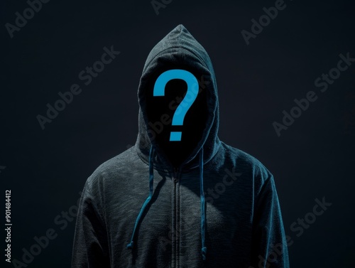 faceless man in black hoodie with blue question mark on black background, unknown person 