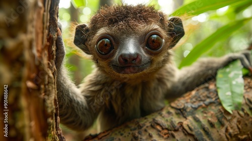 Curious Small Animal Climbing Tree Branch in Lush Rainforest During Daytime