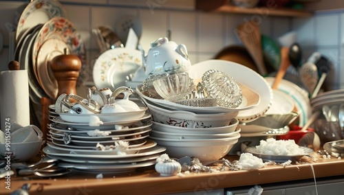 Cluttered Sink Full of Dirty Plates