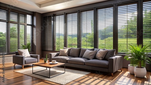 Modern lounge with plantation shutters and horizontal black wooden blinds on large window, offering stylish light control and sun protection for a cozy atmosphere.