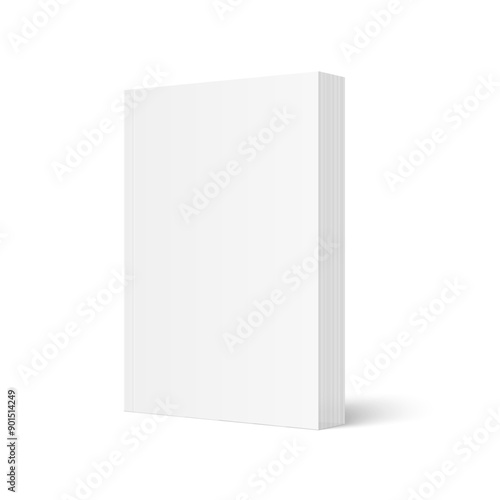 Vector mockup of standing paperback book with white blank softcover isolated. Vertical book, catalog or magazine mock up on white background. 3d illustration. Diminishing perspective.