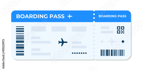 Boarding pass vector illustration. Air plane ticket template. Airline flight pass concept. Blue departure document. Blue airplane ticket design. Blank boarding pass template.