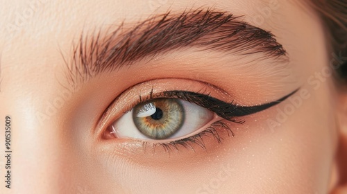 Close-up of a woman's eye showcasing a bold eyeliner look with beautiful, bright iris hues and perfectly shaped brows.