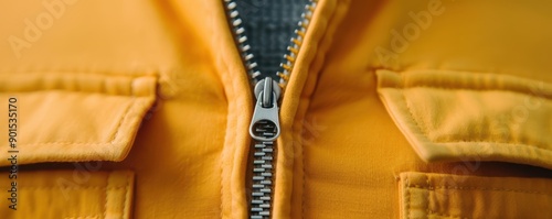 Close-up of a vibrant yellow jacket showcasing a sturdy zipper and pocket details for fashion or outdoor wear.