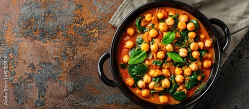 Spanish cuisine: a vegetarian curry with chickpeas and spinach on a rustic brown backdrop in a copy space image.