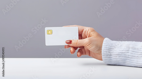 Female Hand Holding Blank Credit Card Against Purple Background in Studio Setting During Daylight