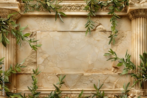 Ancient Greek Temple Frame with marble columns, intricate friezes, and olive branches. 