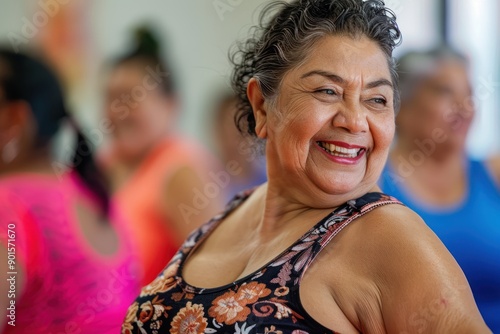 Middle-aged women enjoying a joyful dance class, candidly expressing their active lifestyle