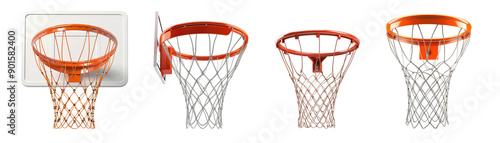 Set of basketball hoop designs shown from multiple angles, demonstrating their structure and netting features