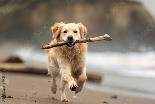 A golden retriever runs across the beach with a stick in its mouth.