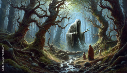 An encounter with a lost banshee in the woods, oil painting