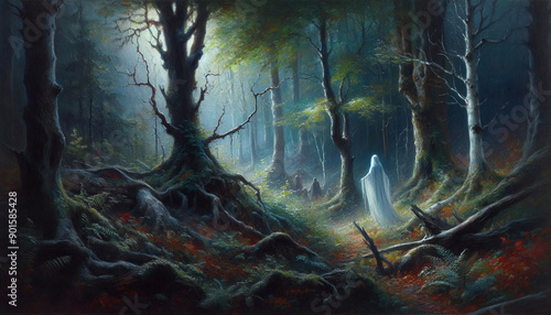 An encounter with a lost banshee in the woods, oil painting