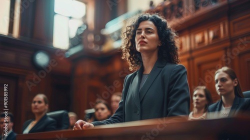 A woman in a black suit is sitting at a wooden desk in a courtroom