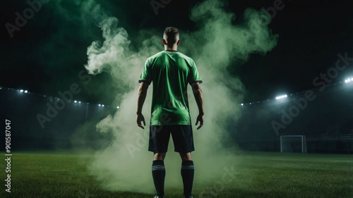 Athletes wearing green sports shirts stadium background at night A bright light shone behind him.