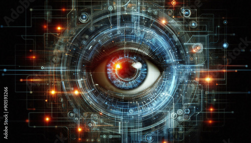 Futuristic cybersecurity concept cybernetic eye monitoring for vulnerabilities within a network interface