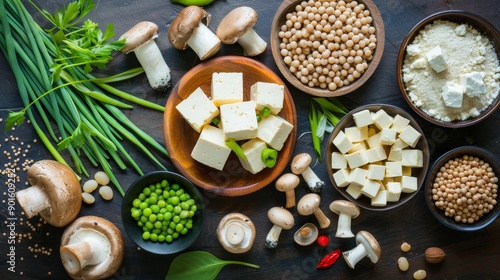 Plant-based protein sources featuring tofu, lentils, and nuts, highlighting an alternative to animal protein. Ideal for nutrition articles.