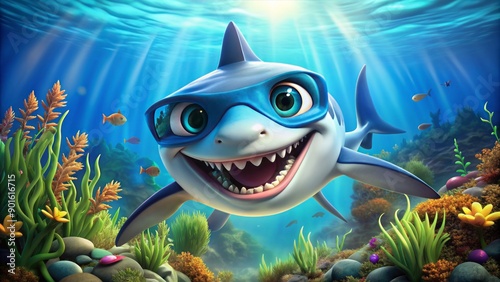 A happy goofy cartoon shark with big smile and bright blue eyes wearing sunglasses and swimming in bright tropical ocean surrounded by seaweed.