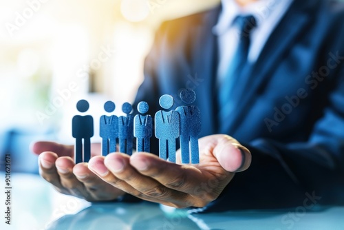 Protecting the Workforce: A businessman in a suit safeguards a holographic team of employees, symbolizing leadership, security, and the human element in corporate strategy.