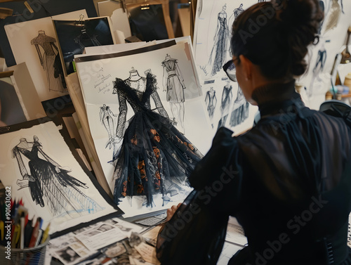 A fashion designer working diligently behind the scenes, surrounded by sketches, fabrics, and inspiration.