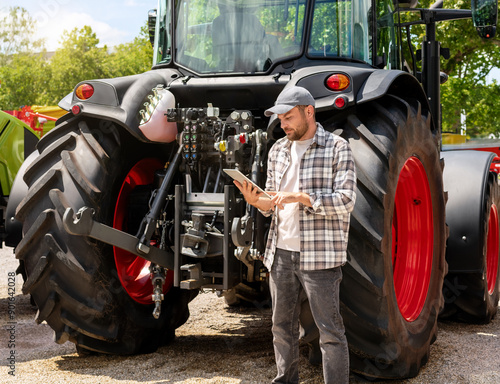 Agricultural equipment dealer or supplier. Caucasian man in plaid shirt stands next to tractor and using digital tablet.