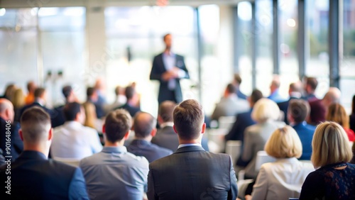 Business Conference with Focused Speaker - A business conference where the speaker is in focus and the audience is blurred. 