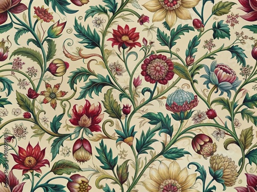 Intricate ornate vintage floral pattern featuring intertwined flowers, foliage, and vines in rich jewel-toned hues, set against a soft cream background with subtle texture.