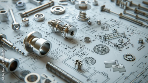 Array of mechanical parts and components precisely arranged on engineering drawings, showcasing the detail and precision of mechanical design