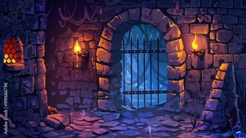 Cartoon illustration of a stone-walled medieval dungeon with torches and a barred gate, suitable for game backgrounds