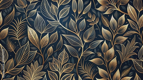 Elegant floral organic texture wallpaper illustration featuring intricate gold line art leaves on a dark, mysterious background with a seamless repeating pattern.