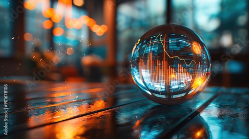 Financial forecast, crystal ball with charts, 3D illustration, prediction concept, copy space, more clarity with clear light and sharp focus , high detailed ,