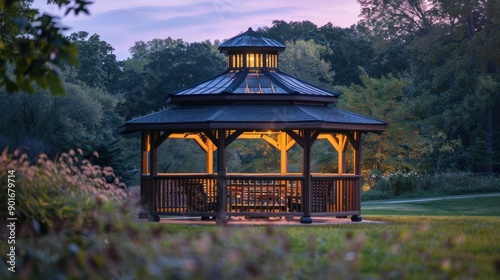 A serene twilight gazebo offering a peaceful refuge between day and night, bathed in soft, calming light.